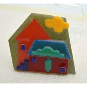 Vintage HOUSE PINS BY LUCINDA Mixed Materials Houses Cloud Pin Brooch